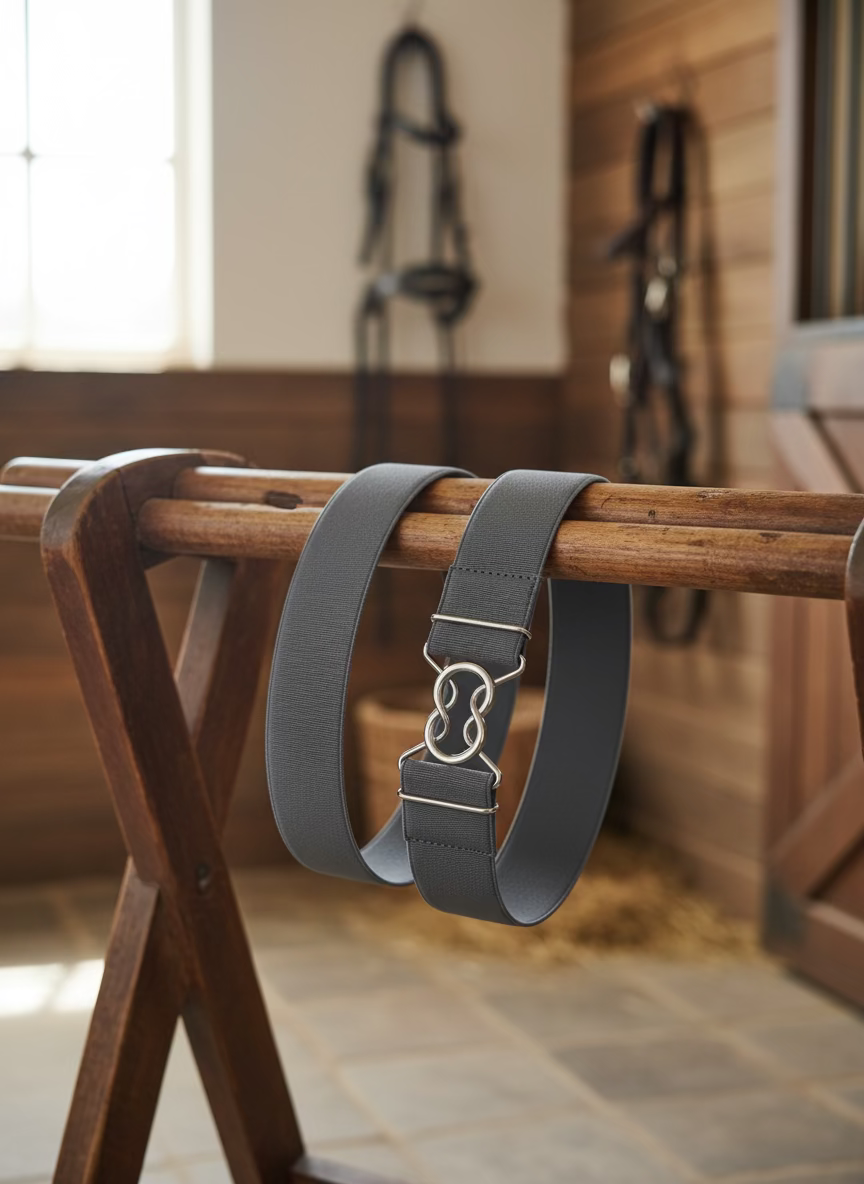 Gray adjustable riding belt with a metal buckle on a wooden rack in a stable display