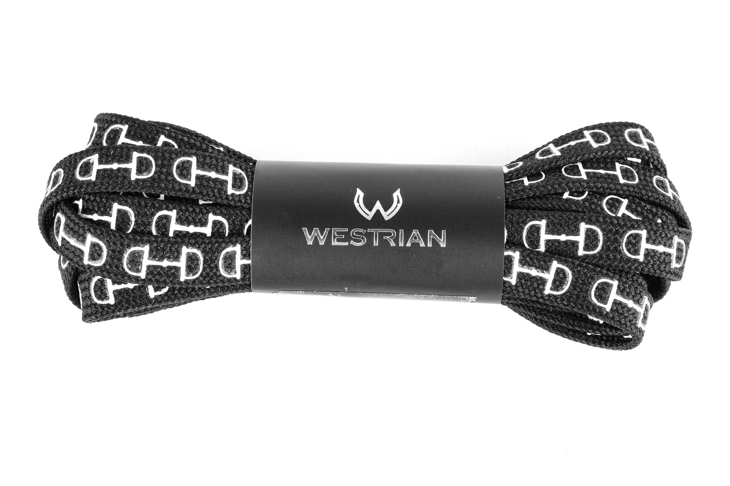 Three pairs of snaffle bit print shoelaces in black, white, and mint colors, packaged with the brand name 'WESTRIAN' on black labels.