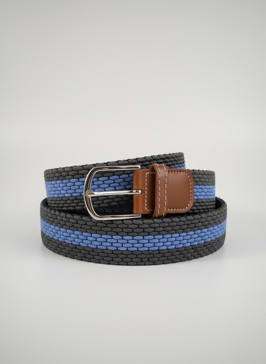 Woven belt with blue and gray pattern and brown leather buckle on a light gray background