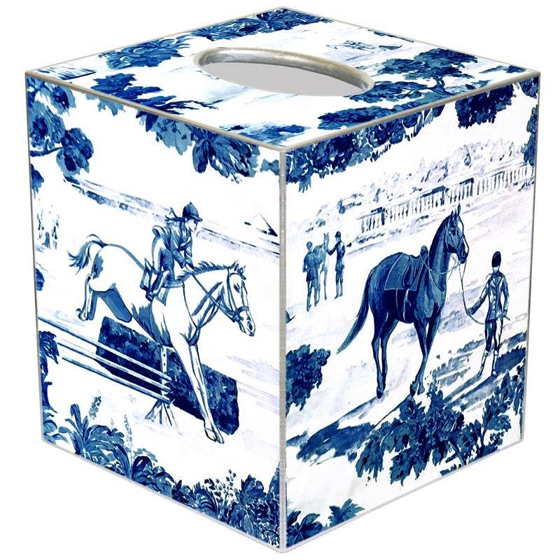 A blue and white decoupage tissue box cover with horse riders and equestrian themes