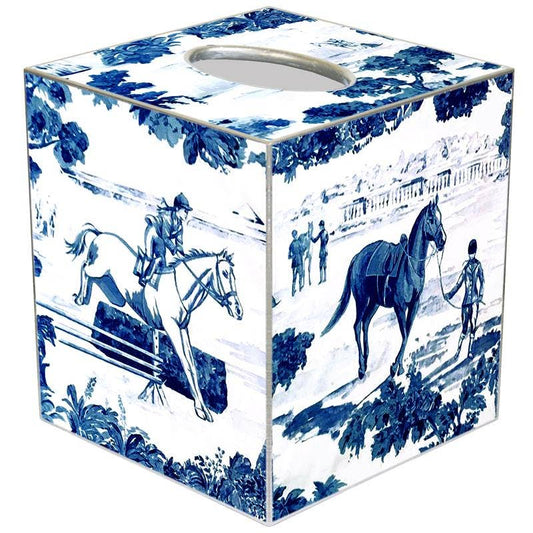 A blue and white decoupage tissue box cover with horse riders and equestrian themes