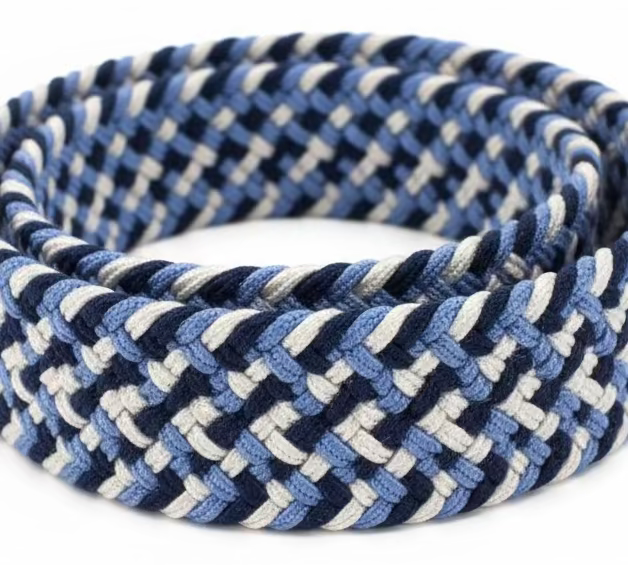 Blue and white braided belt on a white background
