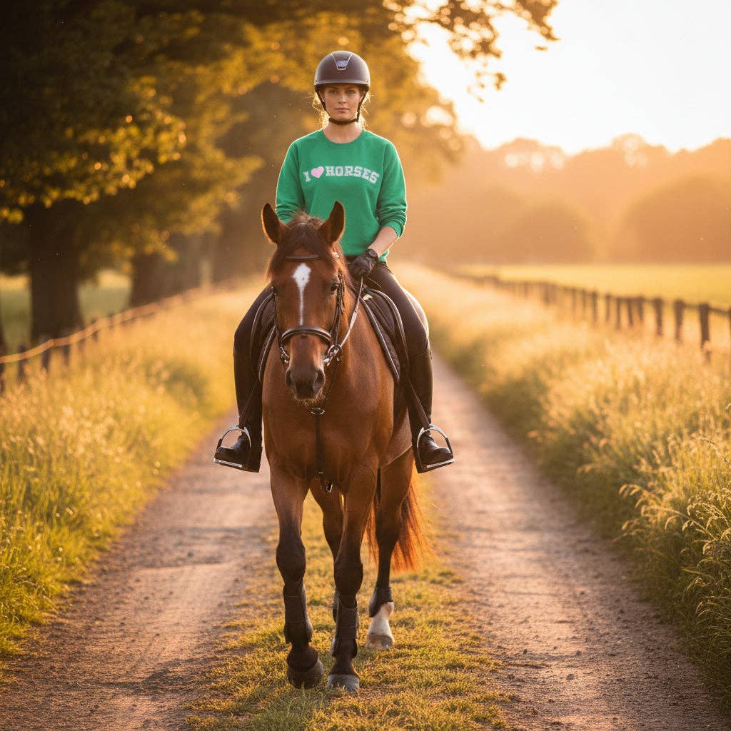 equestrian rider on a chestnut horse wearing the Trio Equestrian crewneck sweatshirt