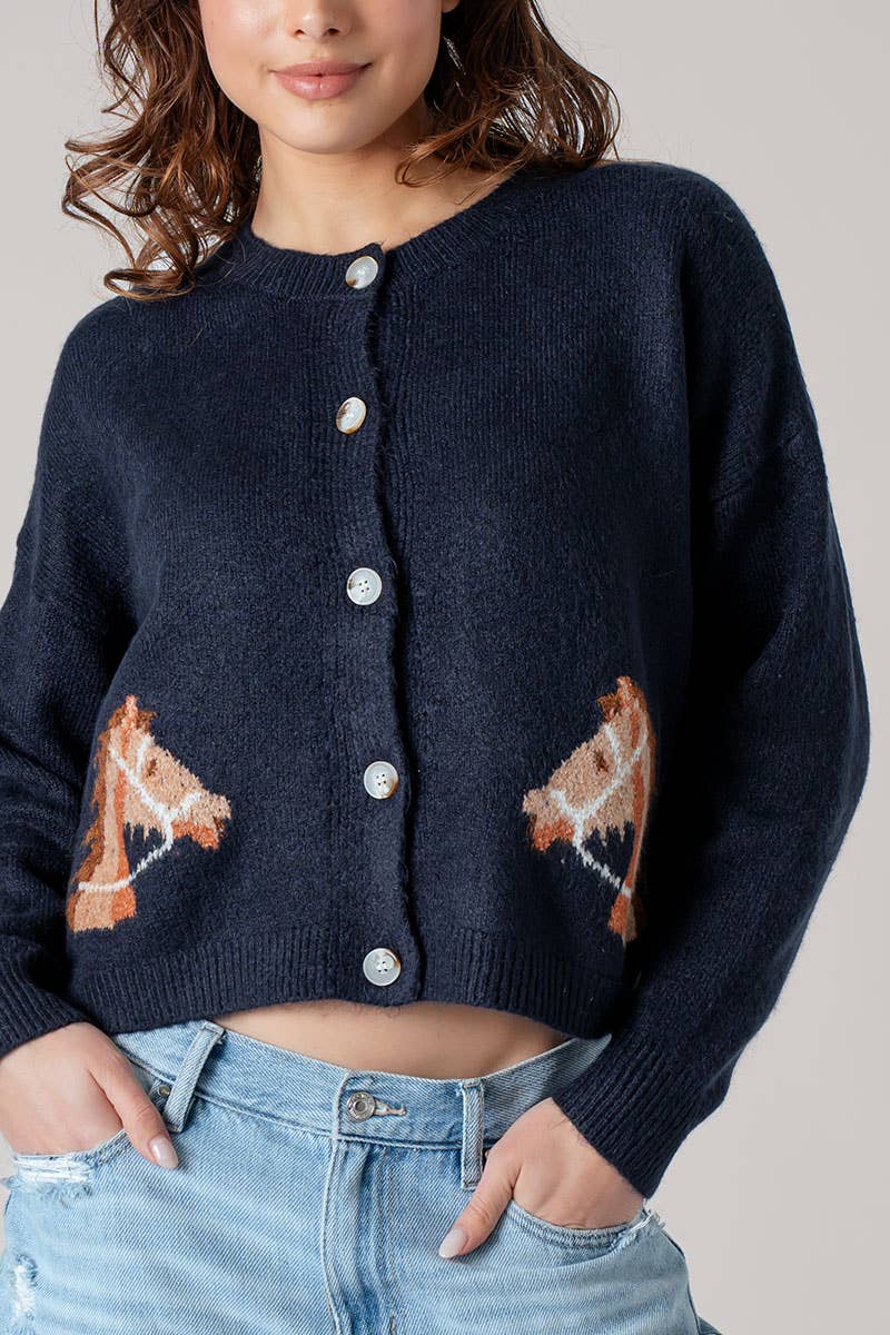 Horse Head Crew Neck Cardigan