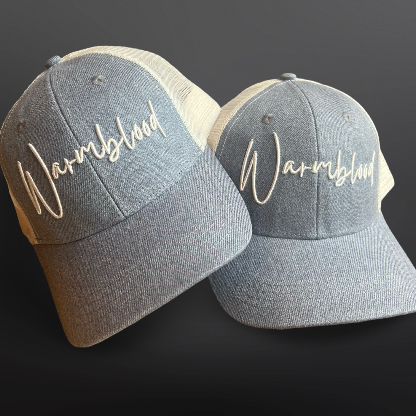 Two gray baseball caps with 'WARMBLOOD' embroidered in gold on the front, presented against a dark background.