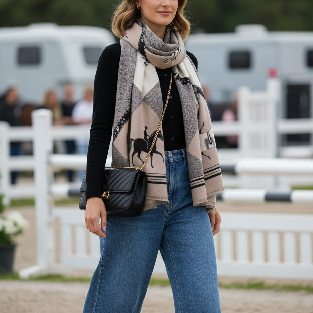 Patterned equestrian scarf on a mom attending a horse show. Barn mom style
