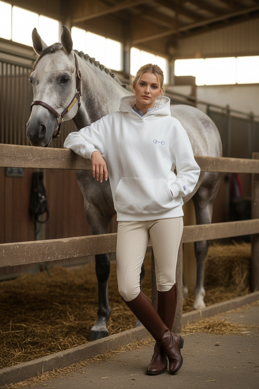 Person in equestrian attire standing next to a horse in a stable