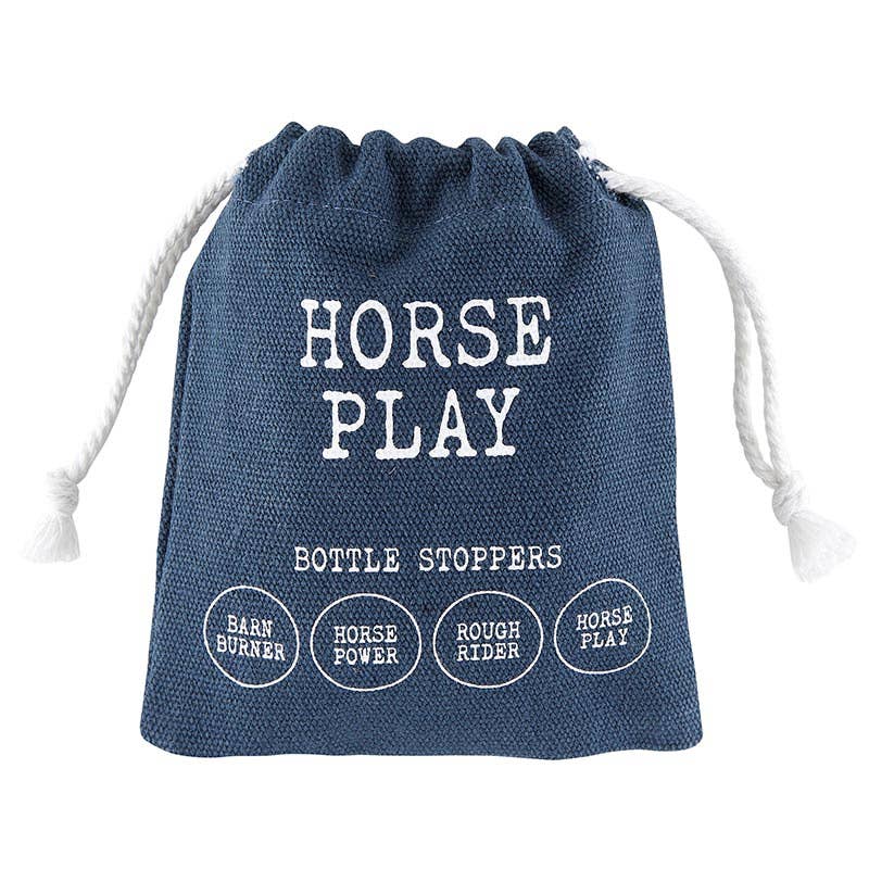 navy blue canvas bag encasing the wine bottle stoppers gift set with equestrian saying