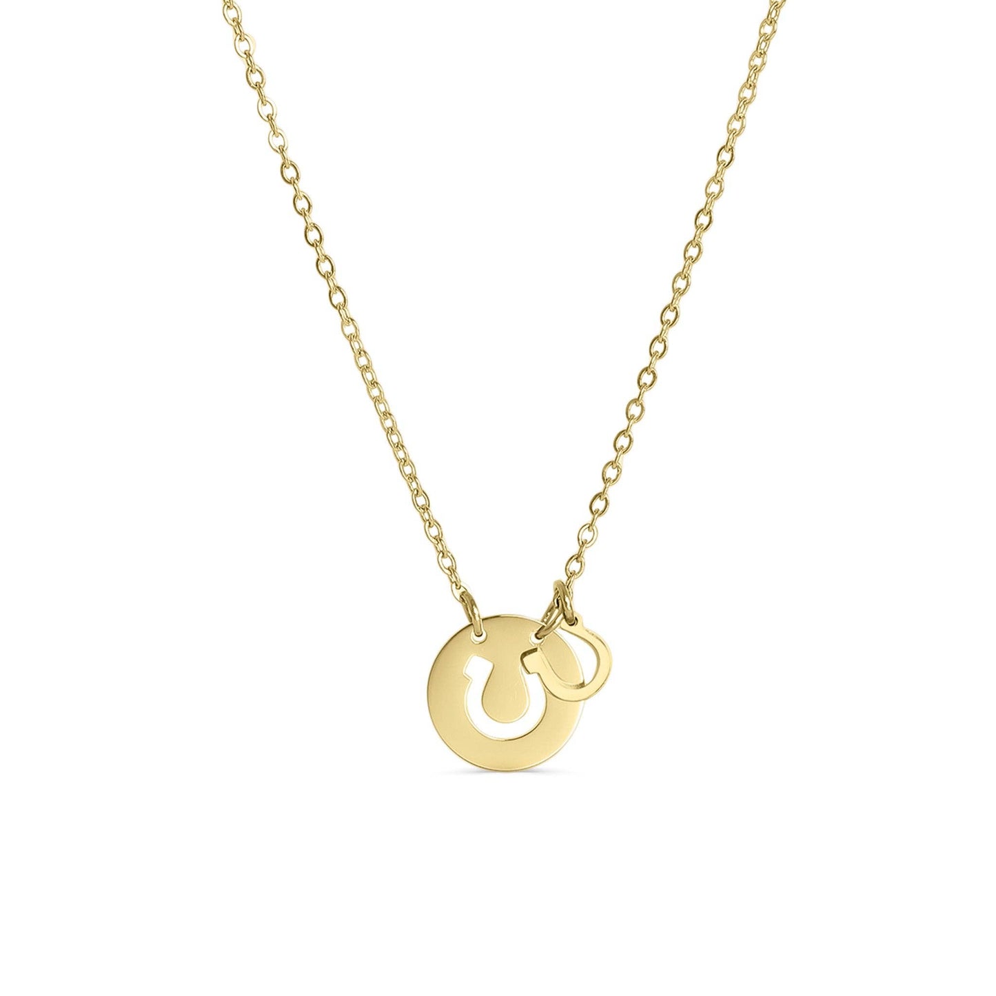Gold necklace with a circular pendant and horseshoe cutout  on a white background