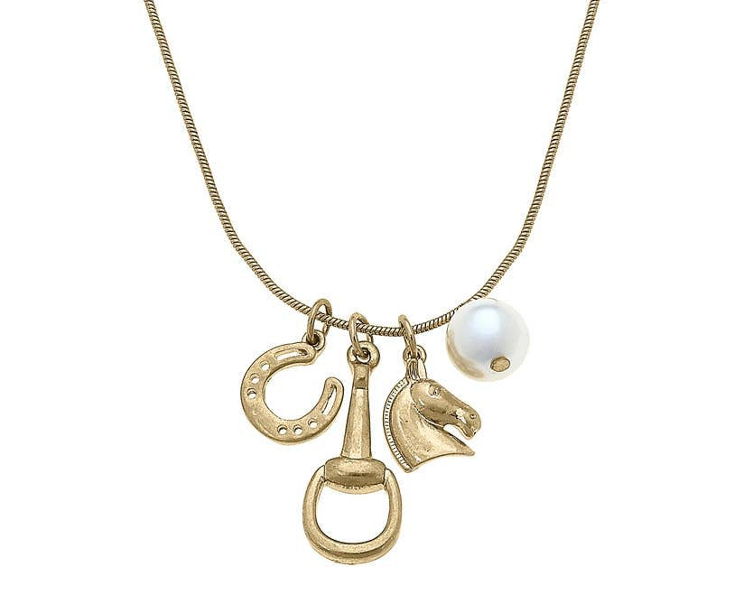 A gold-colored necklace with an adjustable chain and multiple horse-themed charms, including a small pearl-like accessory.