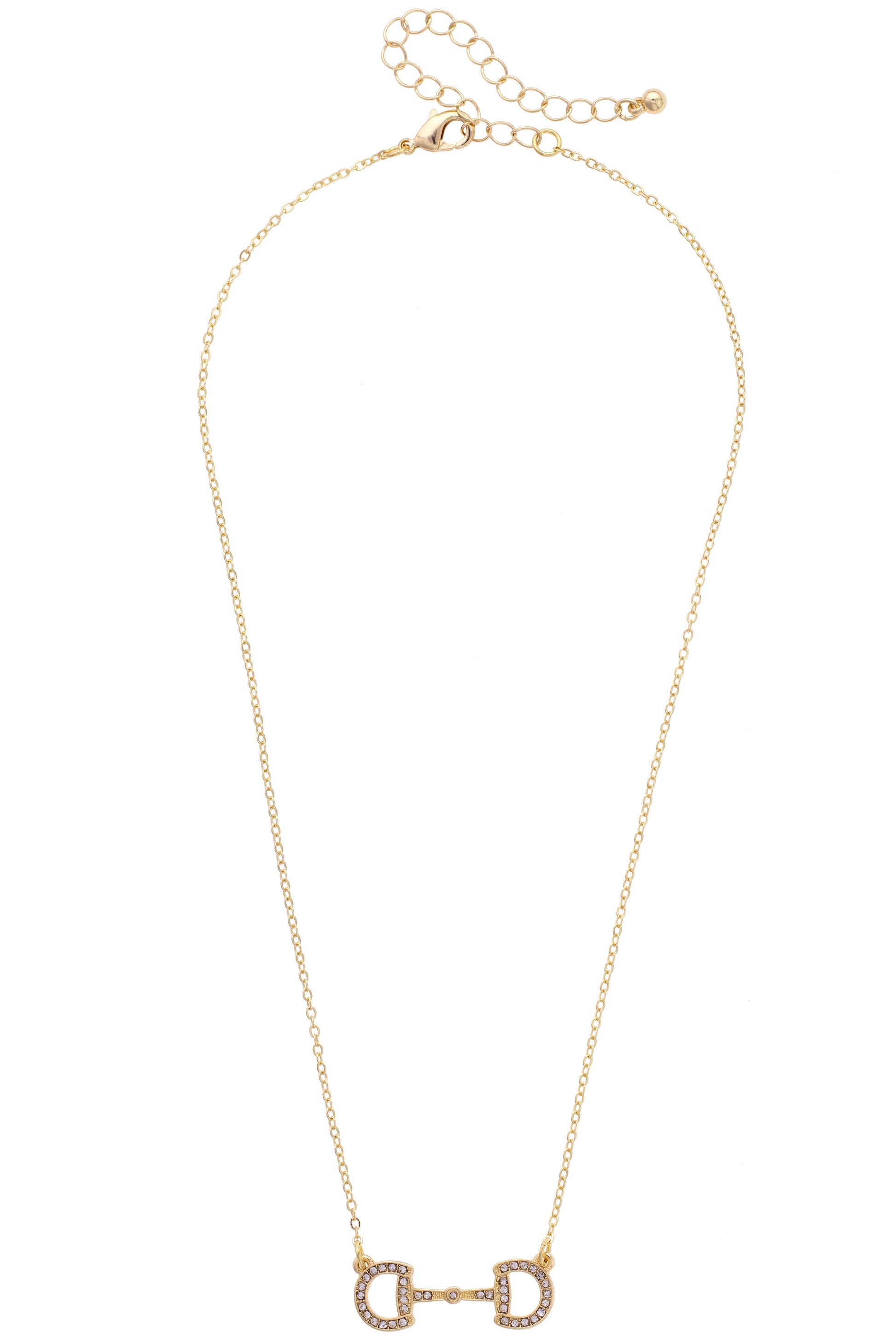 Gold necklace with a horse bit pendant on a white background