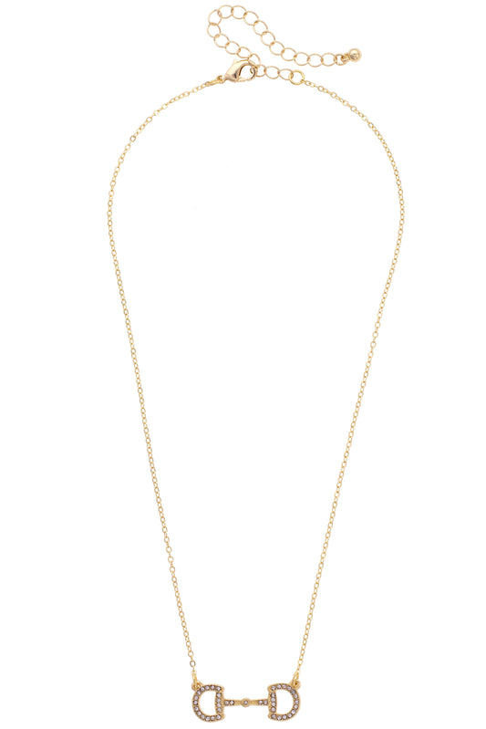 Gold necklace with a horse bit pendant on a white background