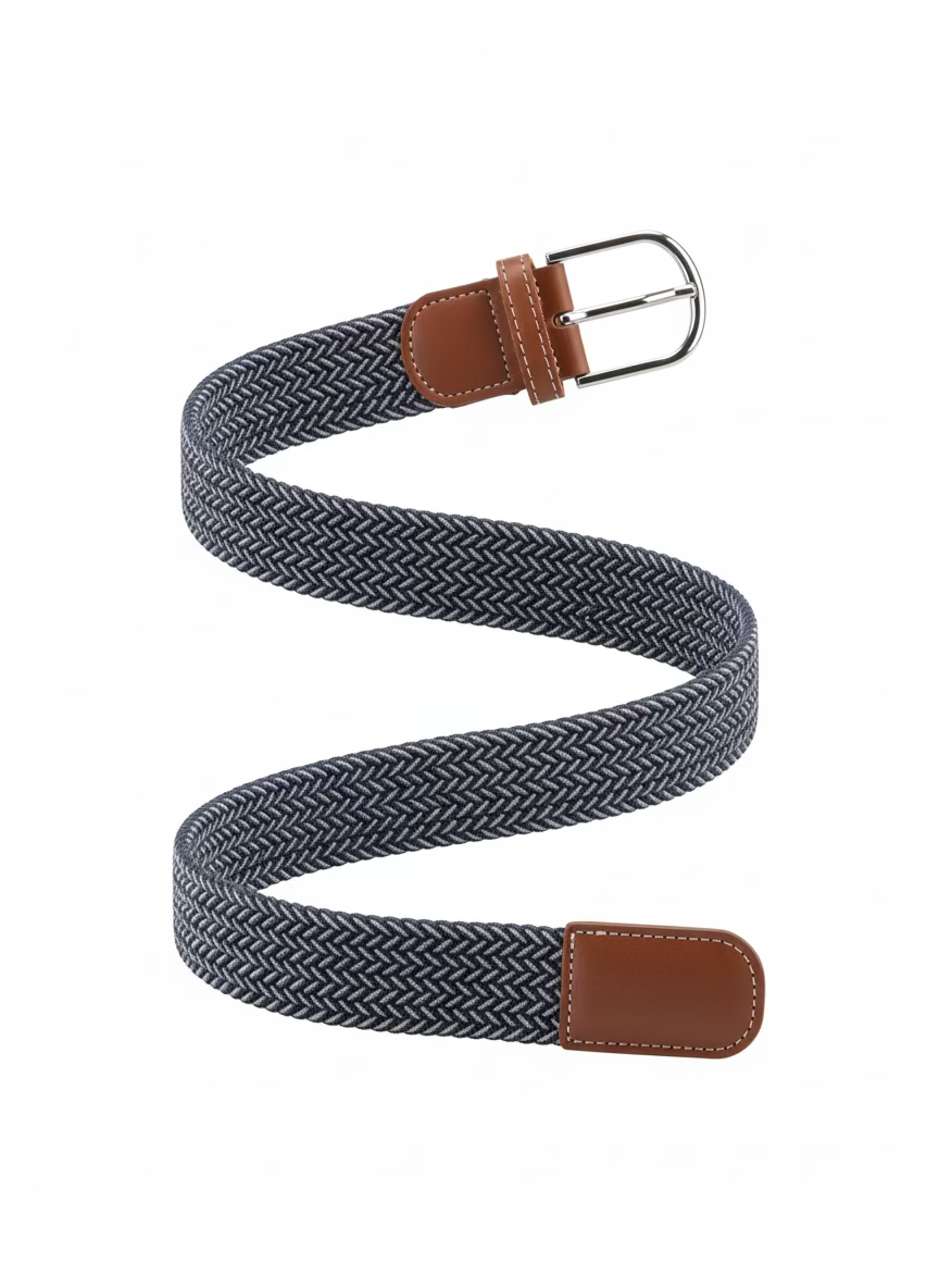 gray and white woven belt with brown leather ends on a white background
