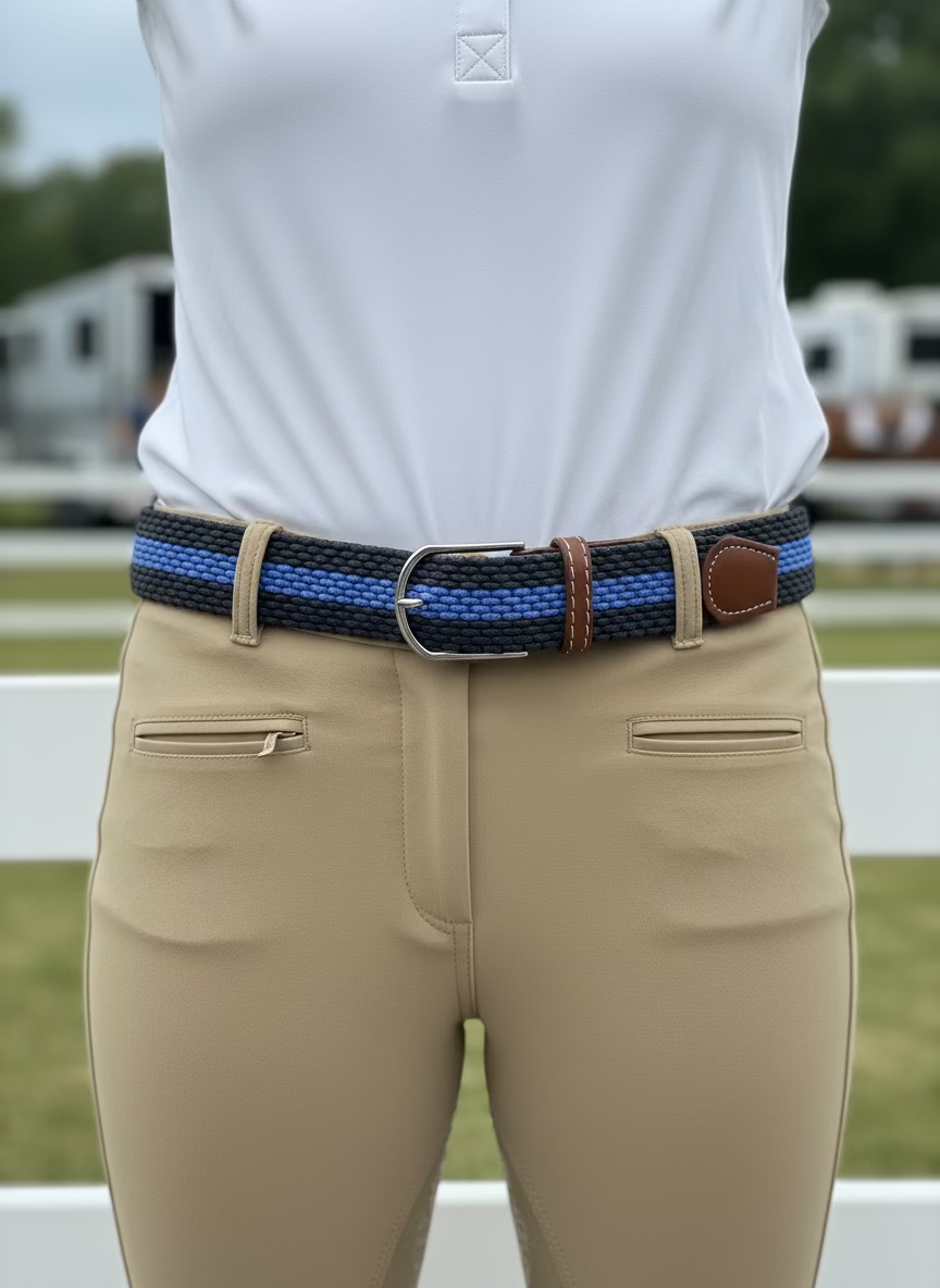 Person wearing beige riding pants with a blue and gray woven stretch riding belt, standing in an outdoor setting.