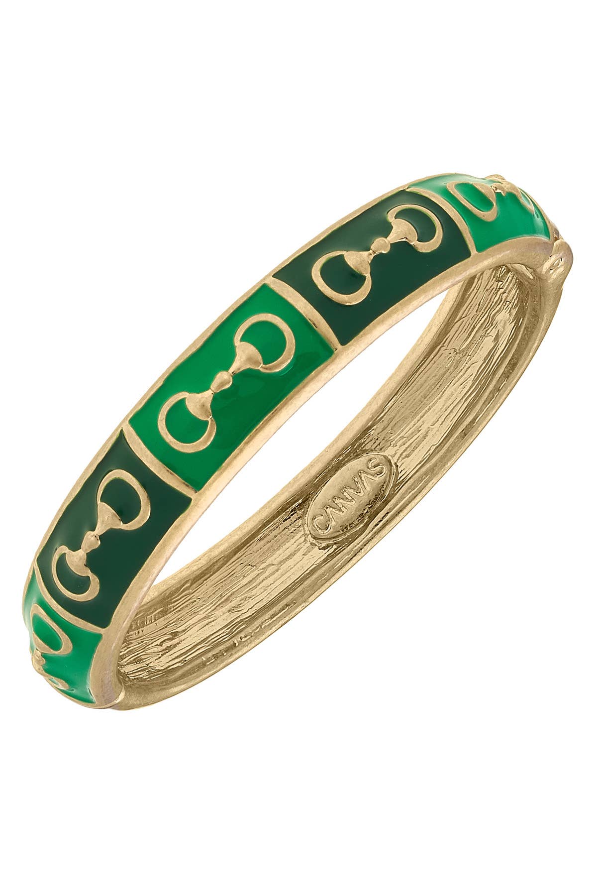 cculpted gold and green enamel horsebit hinge bangle on a white background.