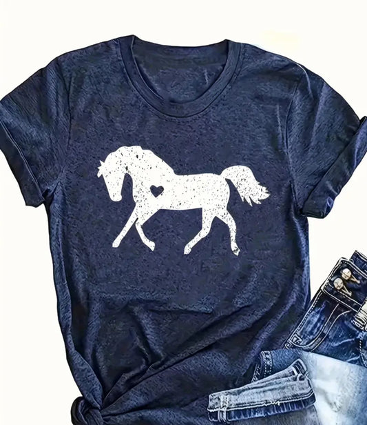 A navy blue crew neck graphic tee with a white horse design on the front, accompanied by a pair of blue jeans.