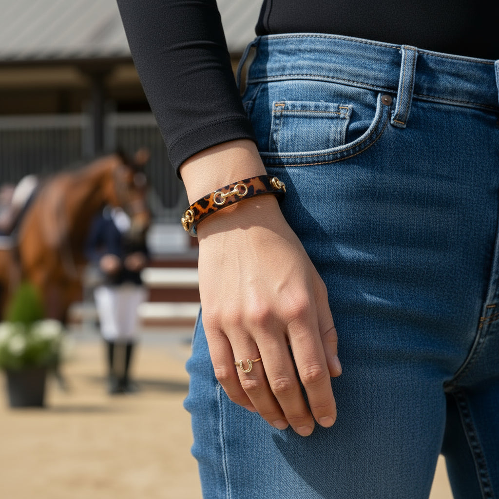 Person wearing blue jeans and horse bracelets with a horse in the background