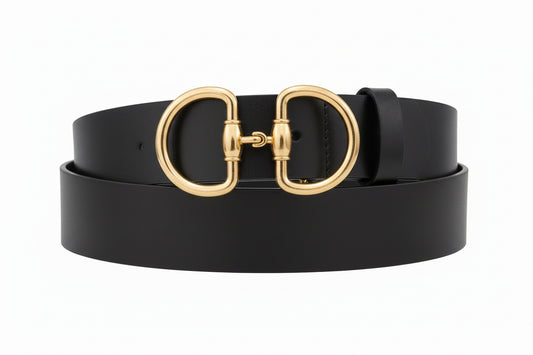 Beige belt with gold double-ring buckle on a white background