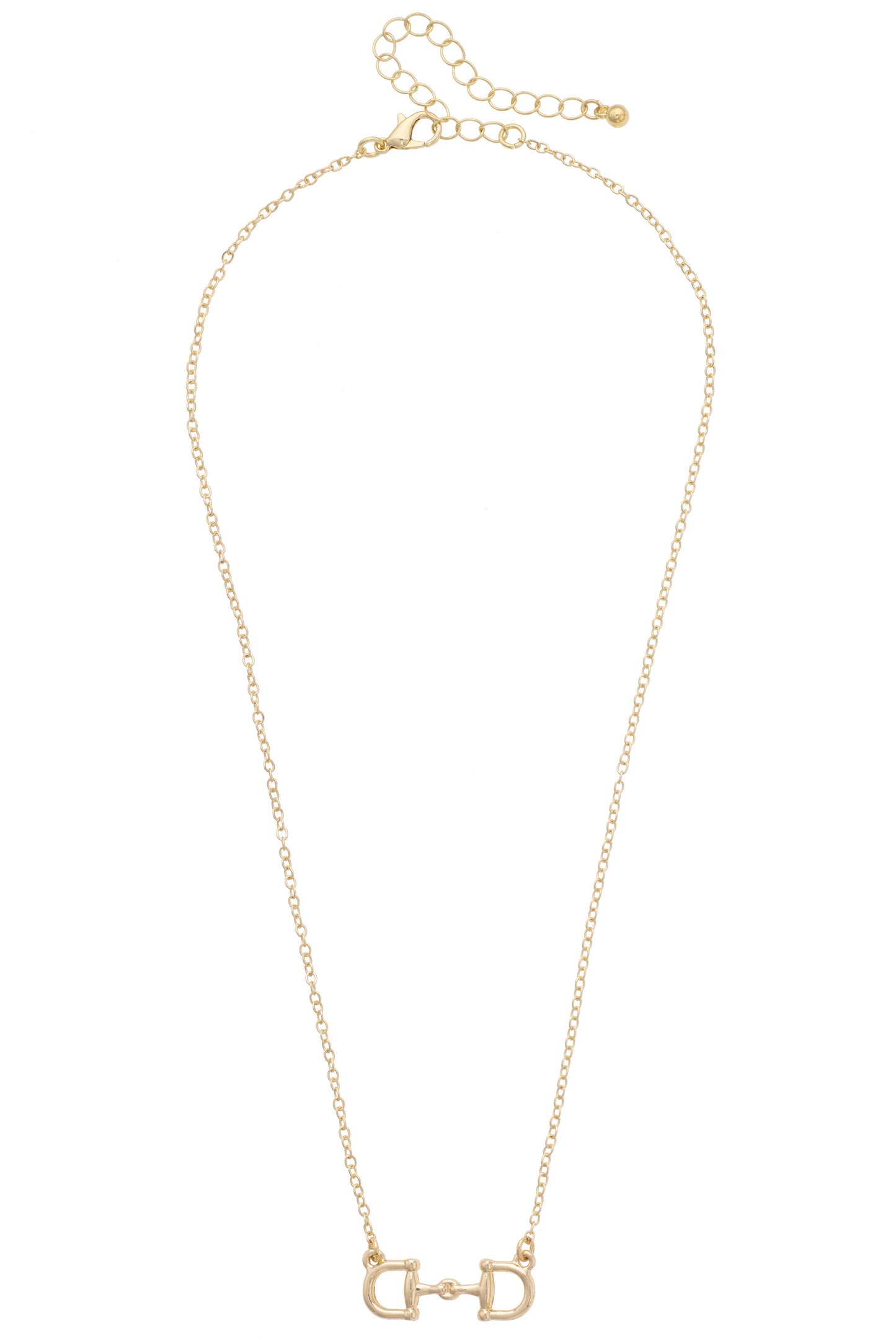 Gold necklace with a horse bit pendant on a white background