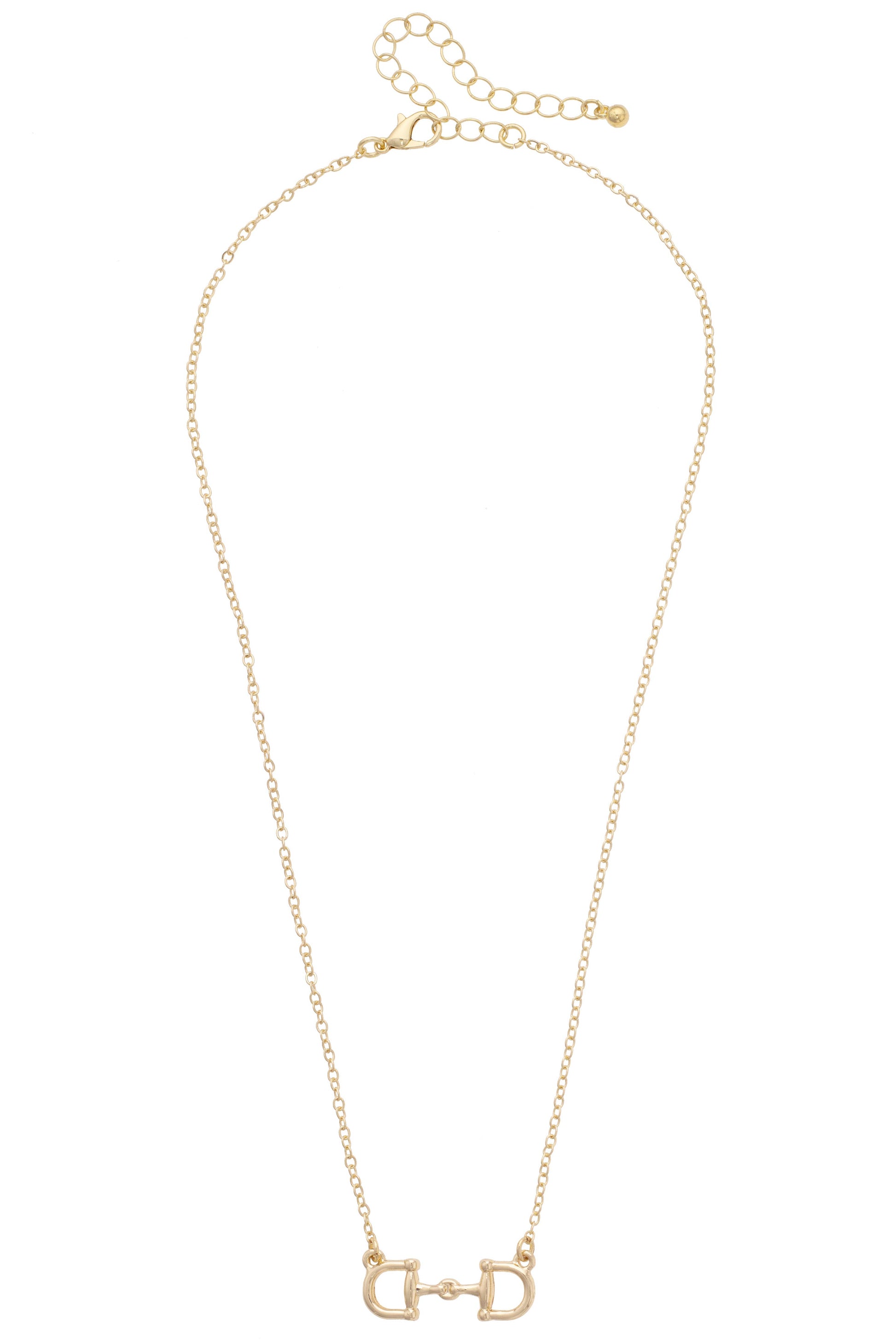 Gold necklace with a horse bit pendant on a white background