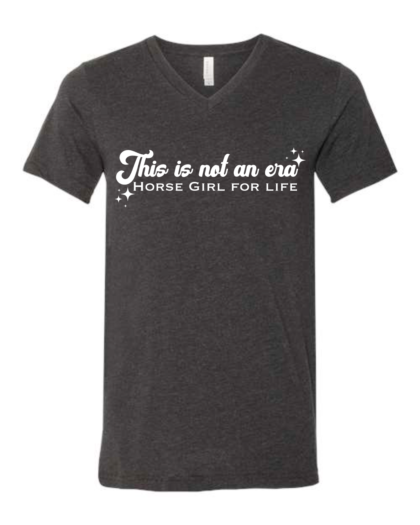A heather black V-neck t-shirt with white text 'This is Not an Era Horse Girl for Life' on the front.