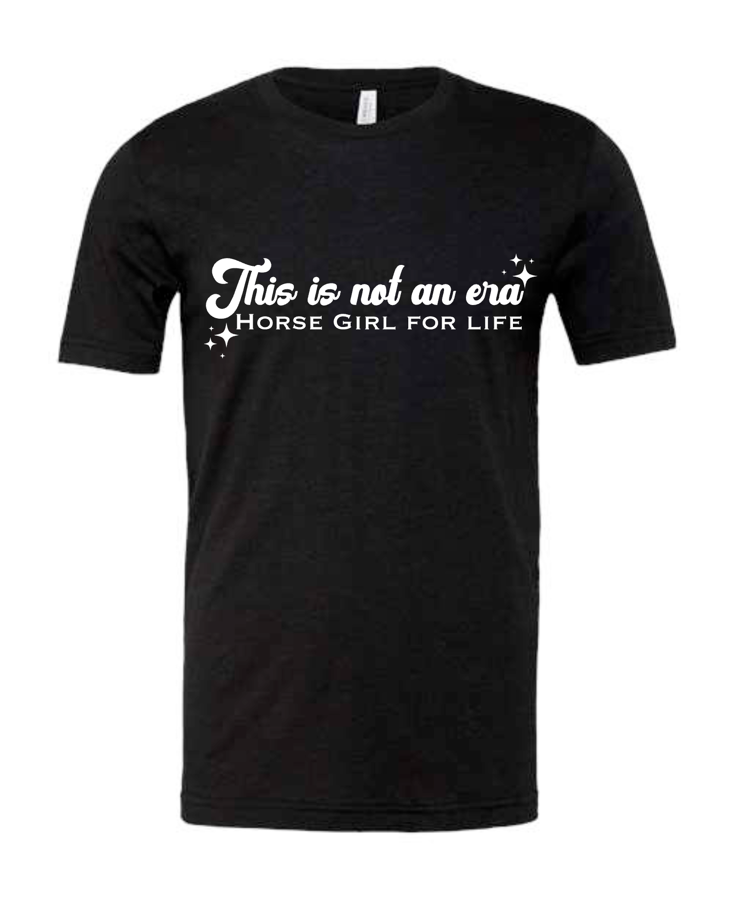 Women's flattering V-neck t-shirt featuring the slogan "Not an Era, Horse Girl for Life," perfect for casual barn wear or everyday equestrian style.