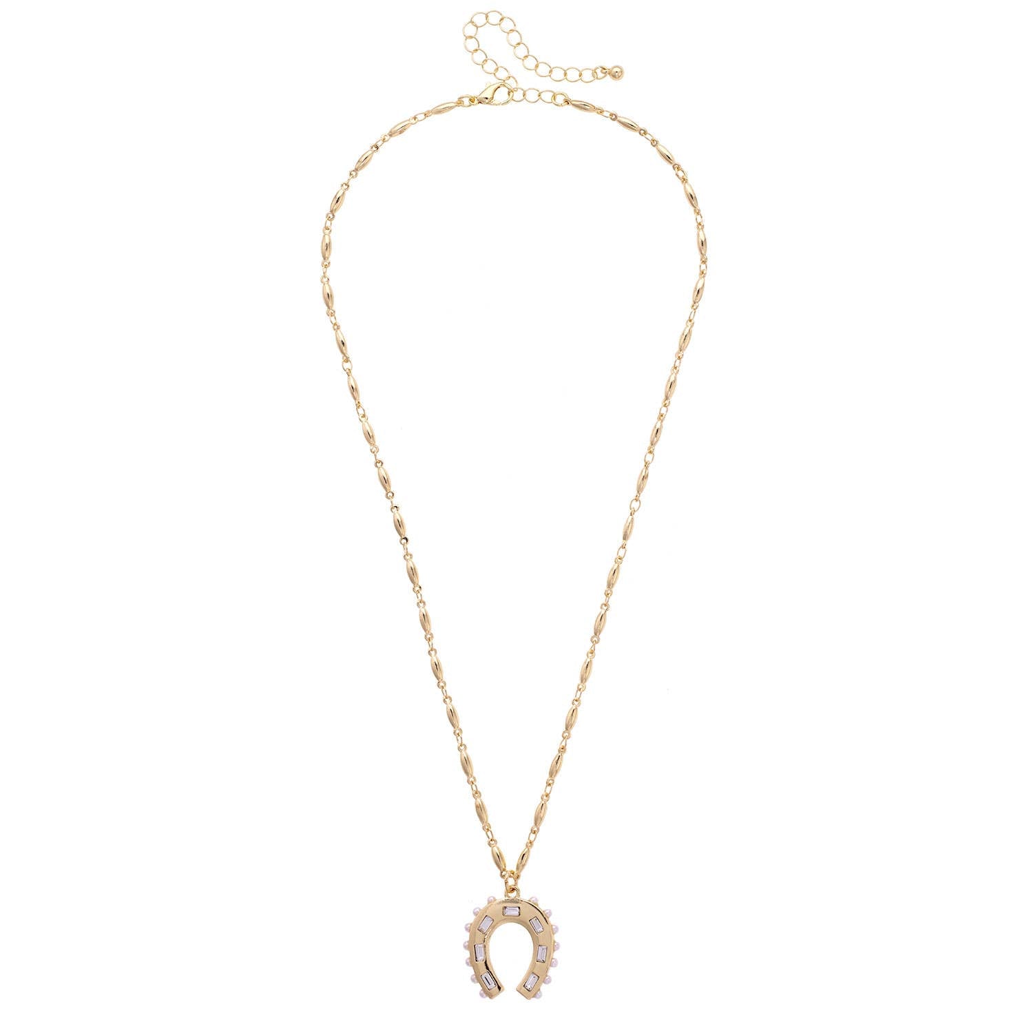 Gold necklace with a horseshoe pendant on a white background