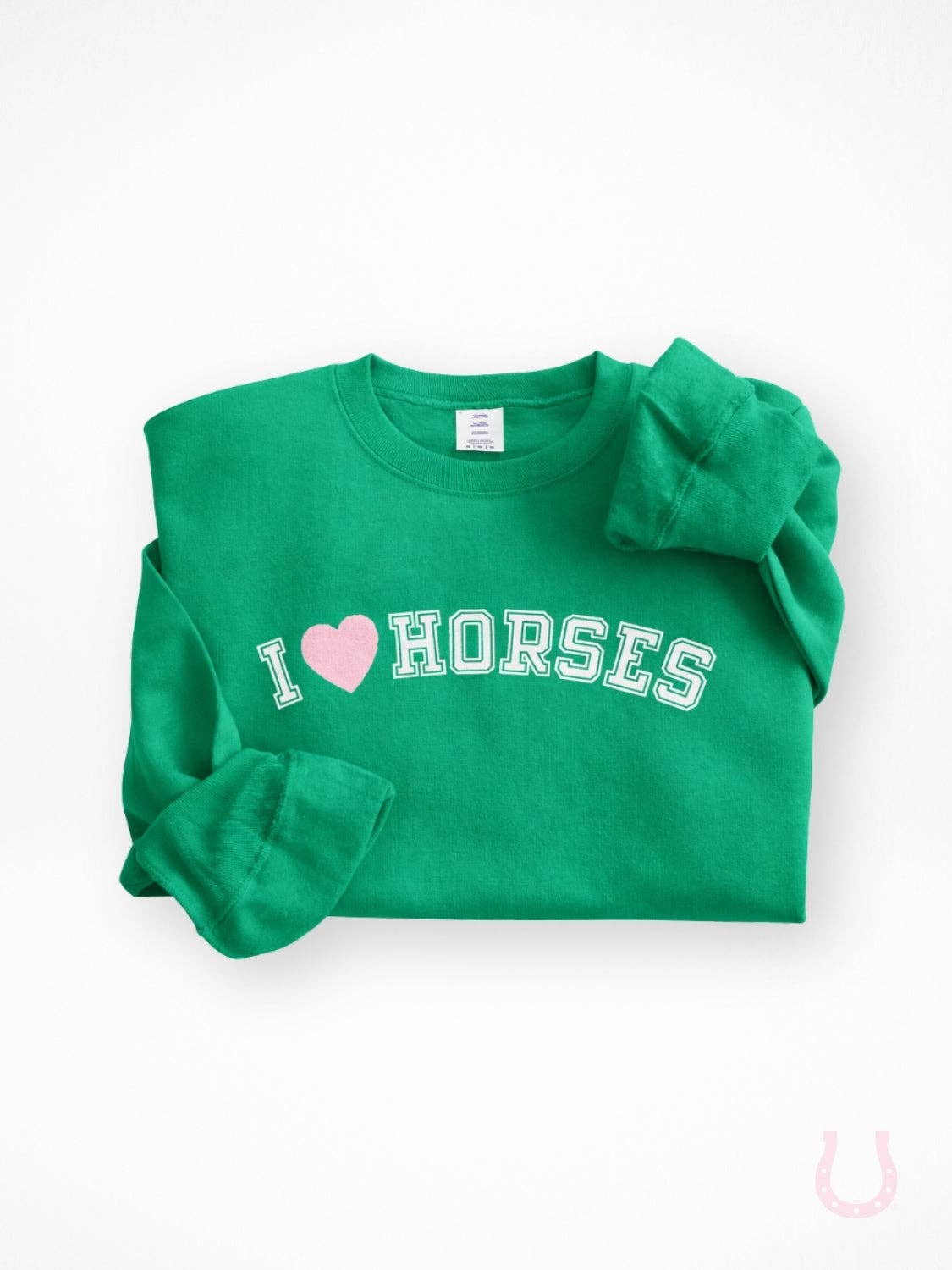 Green sweatshirt with 'I ❤️ HORSES' text on a white background