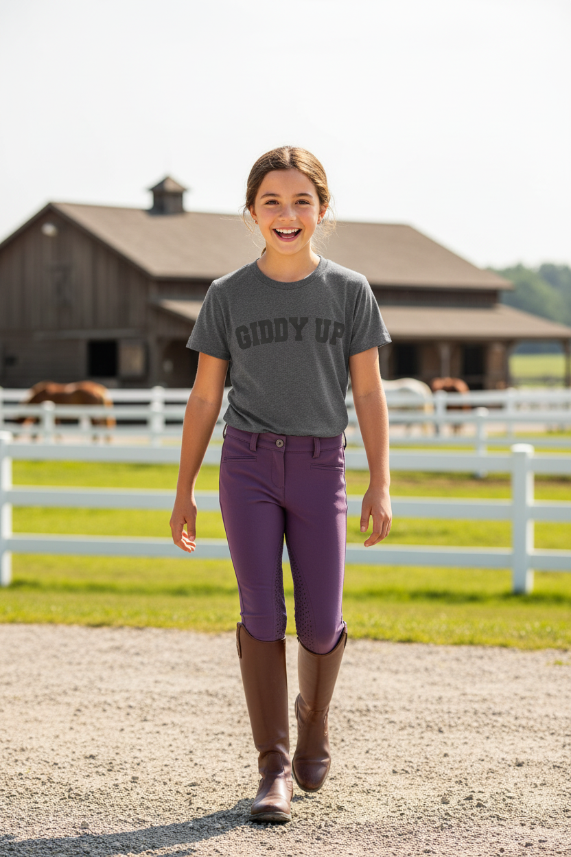 Gray youth riding t-shirt with 'GIDDY UP' text on a white background