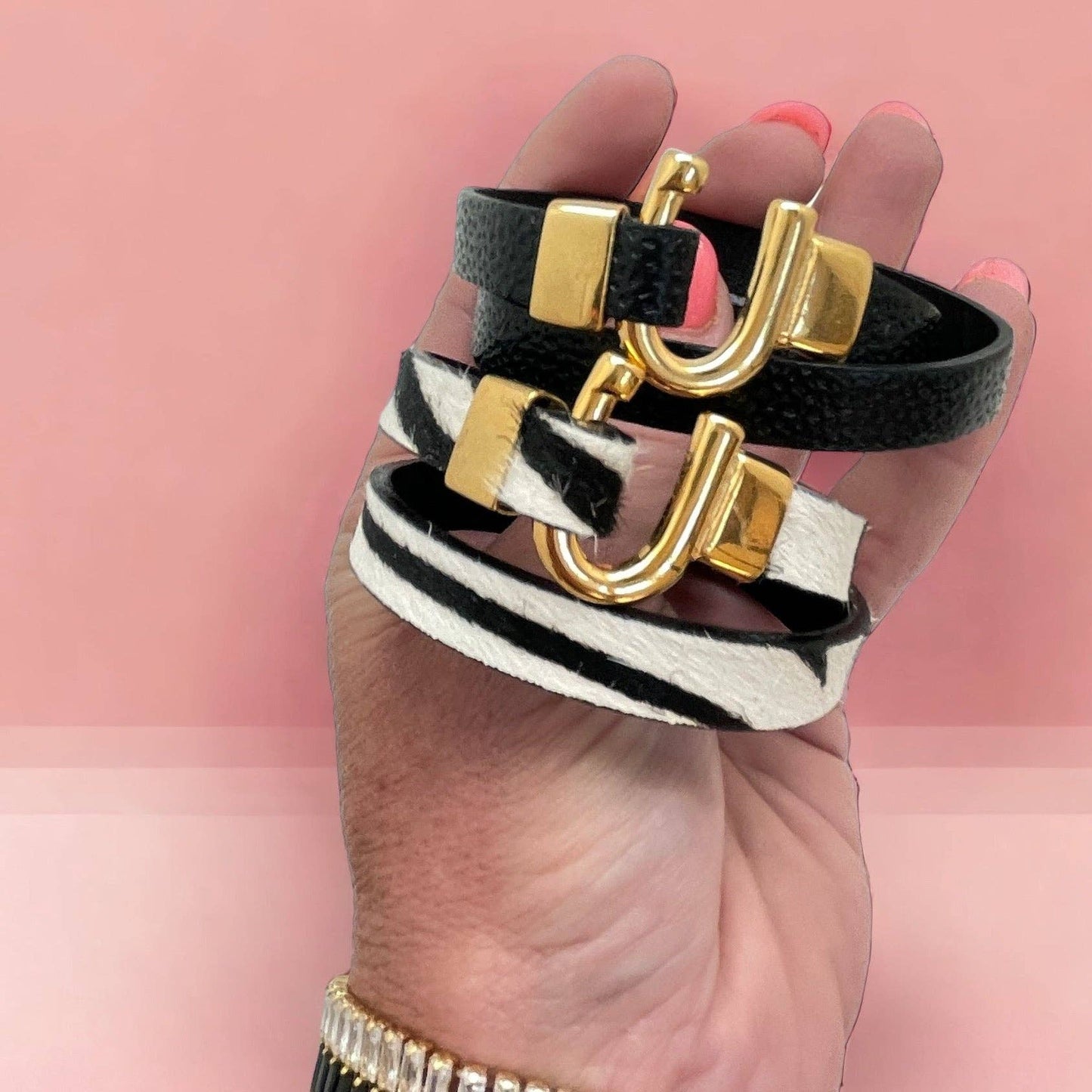 leather equestrian inspired wrap bracelets, black gift set