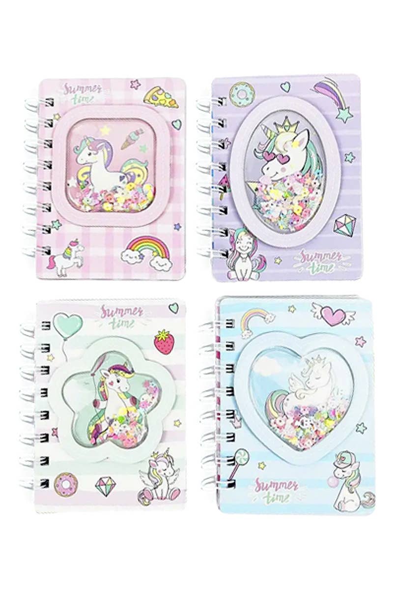 Assorted colorful mini notebooks with unicorn and pony illustrations, featuring glitter shaker elements.