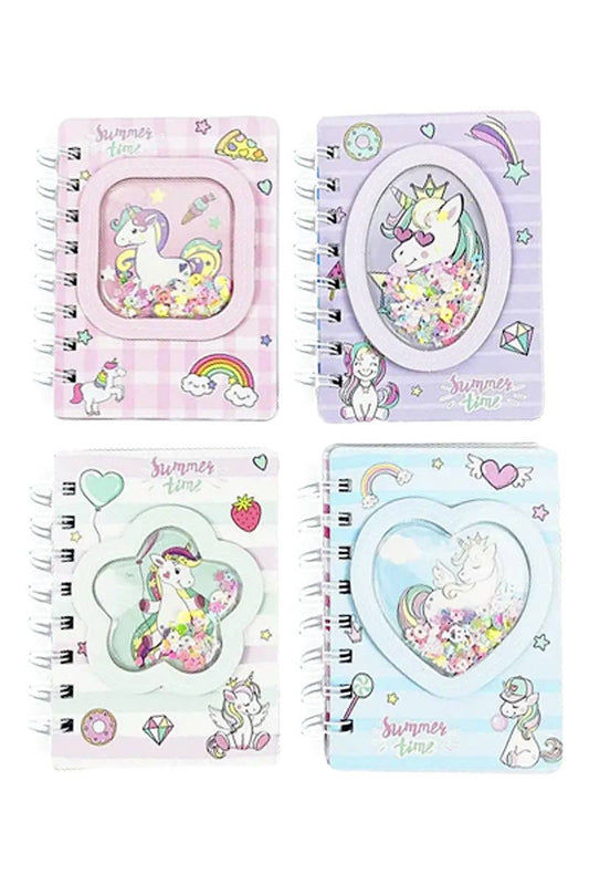 Assorted colorful mini notebooks with unicorn and pony illustrations, featuring glitter shaker elements.