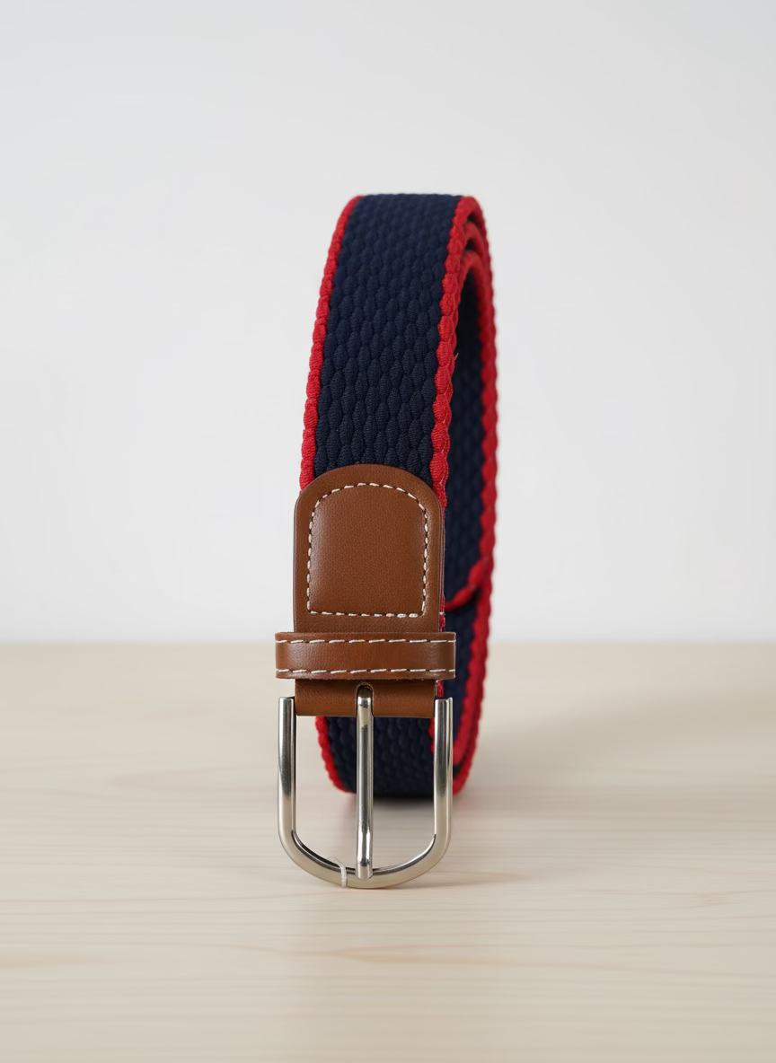 Woven belt with red and blue pattern on a beige surface