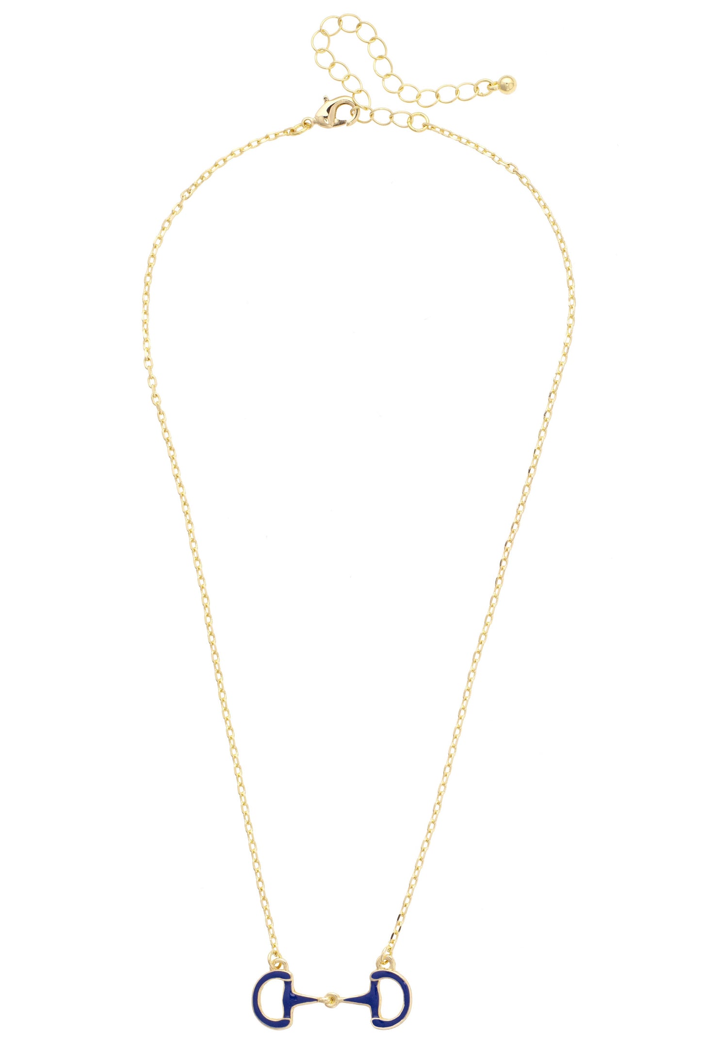 Gold necklace with a blue horsebit pendant on a white background