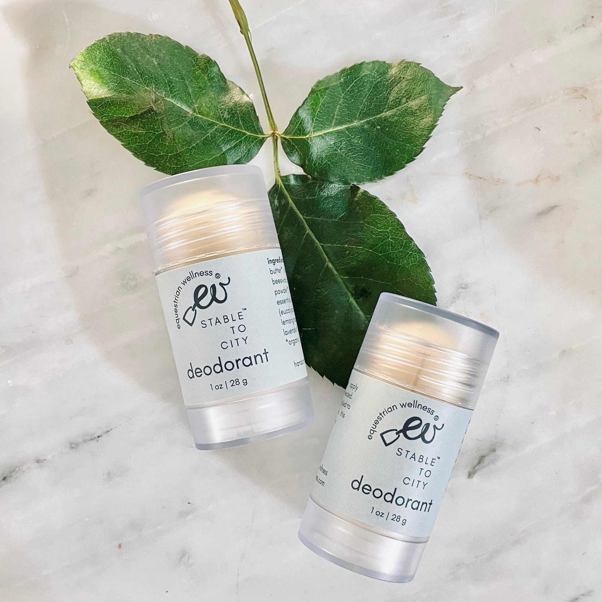 This image features two small, round deodorant containers with a light blue hue and a label that reads "Equestrian Stable to City Deodorant." The containers are filled with a natural deodorant, as indicated by the product's description.