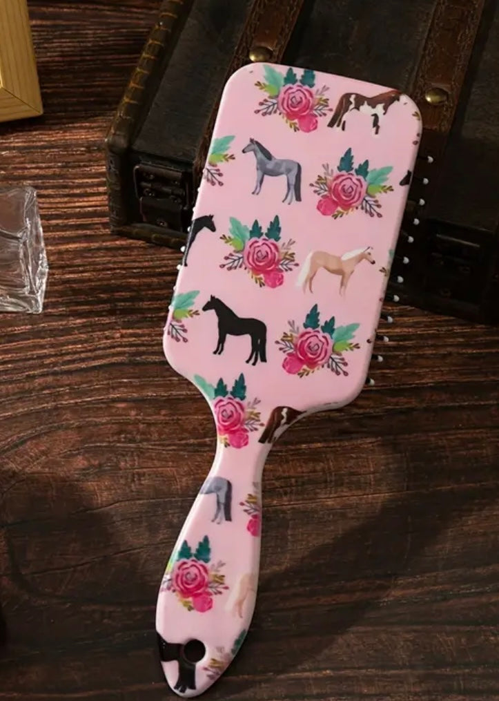 pink paddle brush with horses and roses design, excellent equestrian gift or stocking stuffer