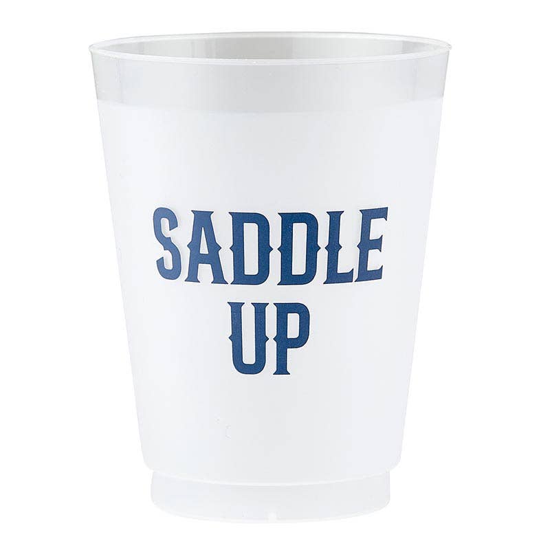 A white frosted plastic cup with the text 'SADDLE UP' printed in blue.
