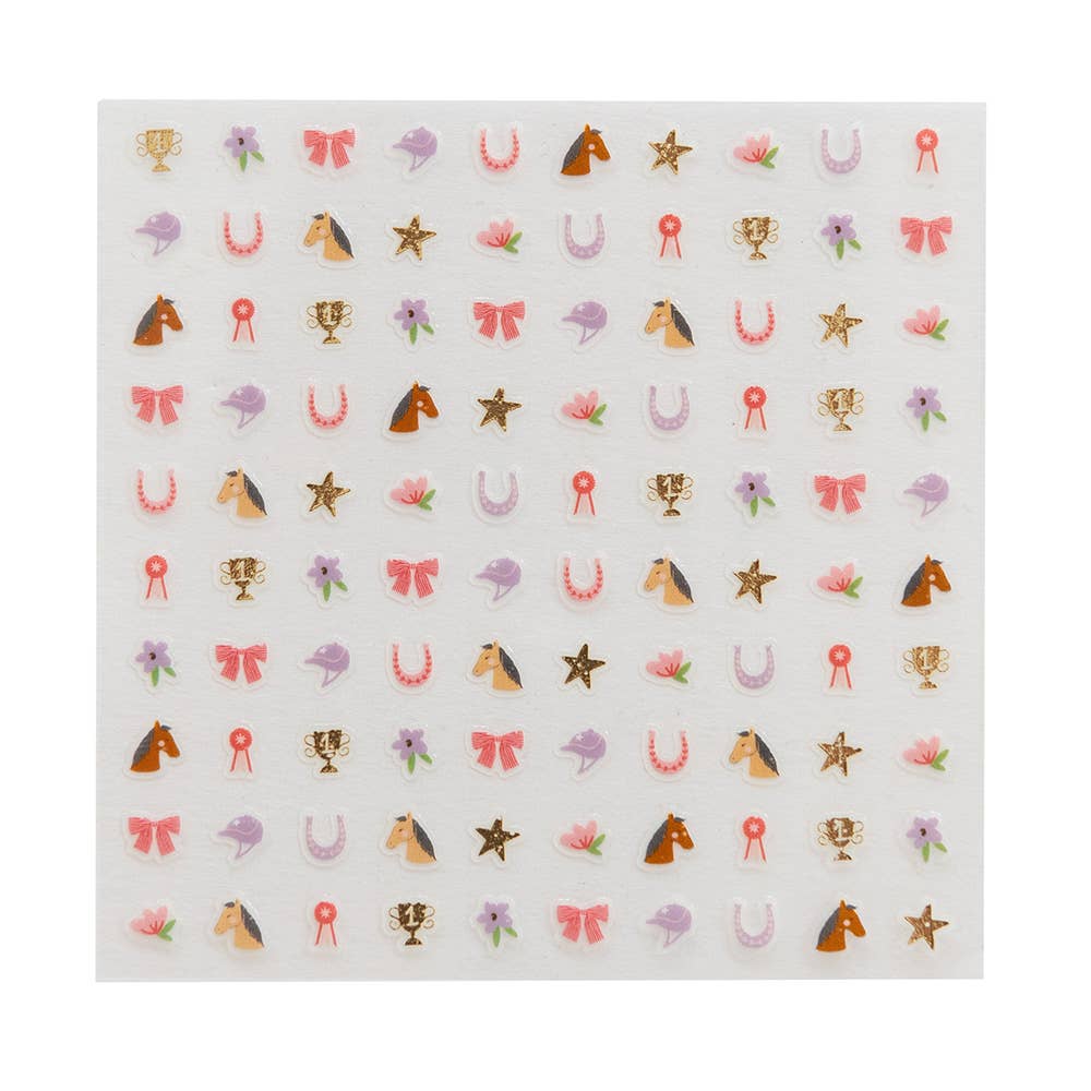 Sheet of decorative stickers for finger nails with horse-themed designs on a white background