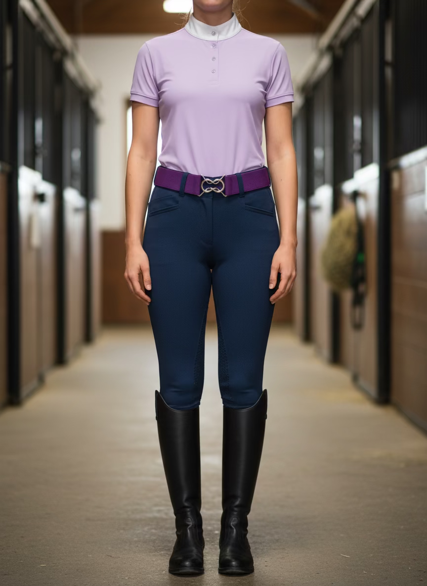 Person wearing equestrian attire with a purple shirt, navy pants, and black boots in a stable setting. Picture features a purple  adjustable riding belt with a horse shoe closure