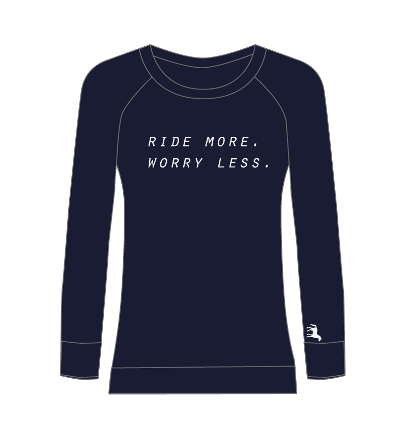 A navy-colored long-sleeve sweatshirt with the text 'RIDE MORE, LIVE MORE, LOVE MORE, WORRY LESS.' on it.