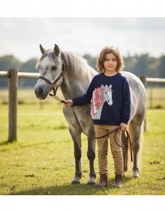 A navy blue sweatshirt with a horse applique in contrasting colors, featuring a ruffled mane and forelock. The garment is presented on a CHILD EQUESTRIAN