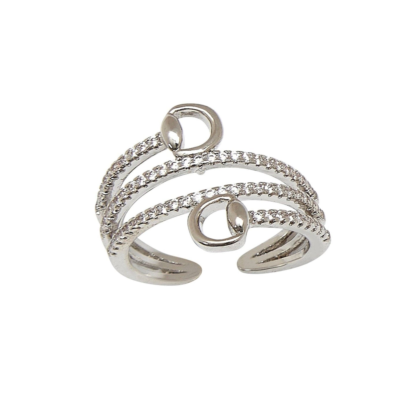 Silver stirrup spiral ring with small stones on a white background, equestrian ring.
