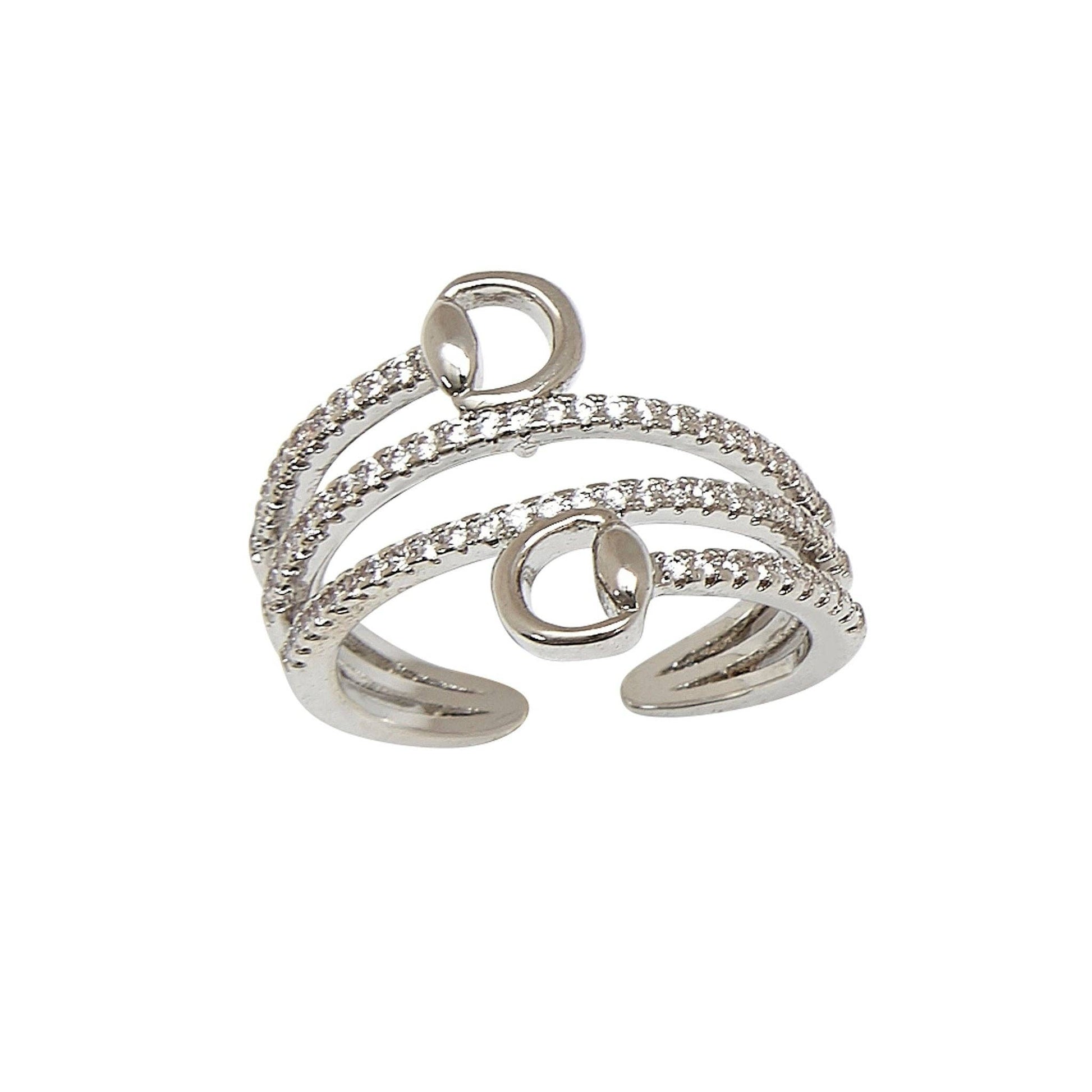 Silver stirrup spiral ring with small stones on a white background, equestrian ring.