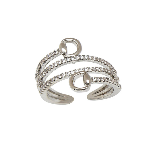 Silver stirrup spiral ring with small stones on a white background, equestrian ring.