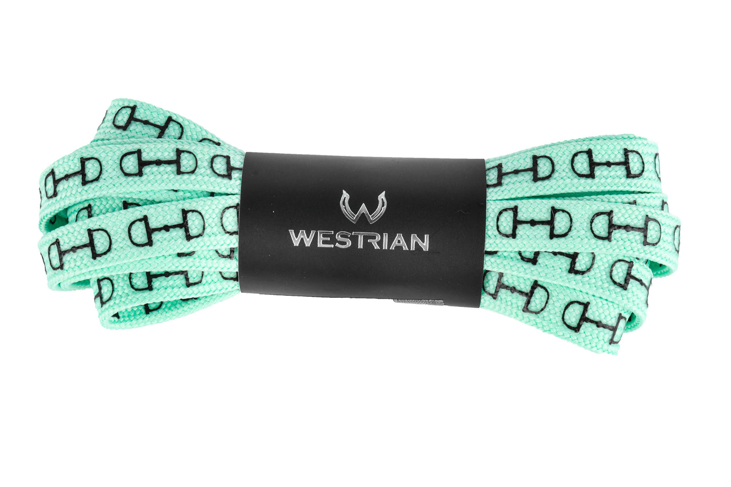 Three pairs of snaffle bit print shoelaces in black, white, and mint colors, packaged with the brand name 'WESTRIAN' on black labels.