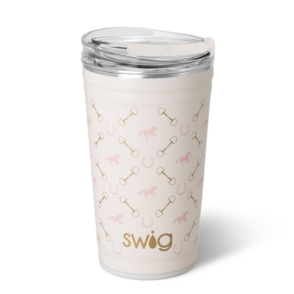A beige Swig party cup with a pattern of bits and pieces and the brand name 'Swig' displayed on the front.