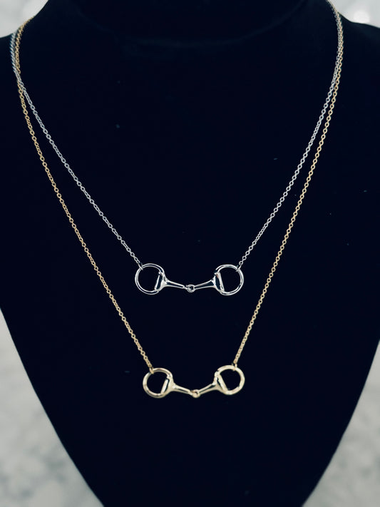 gold and silver snaffle bit necklace on a black surface