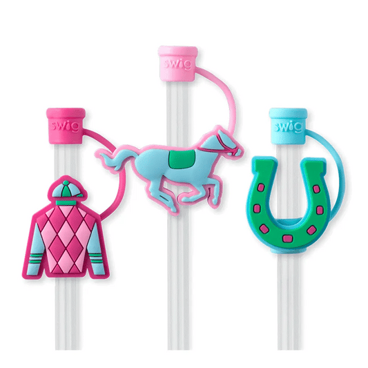 Three reusable straws with colorful silicone toppers in the shapes of a horse, a jockey outfit, and a horseshoe, against a white background.