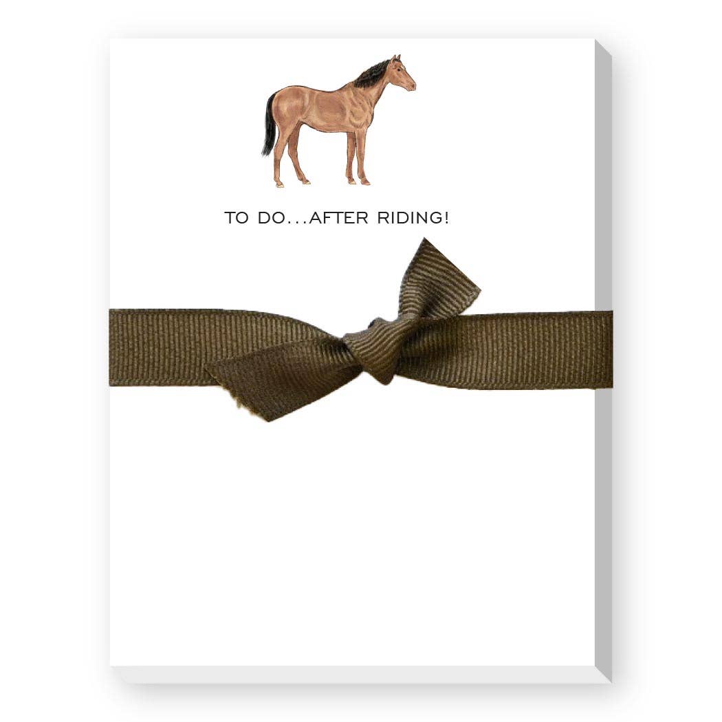 Note card with a horse illustration and a brown bow on a white background