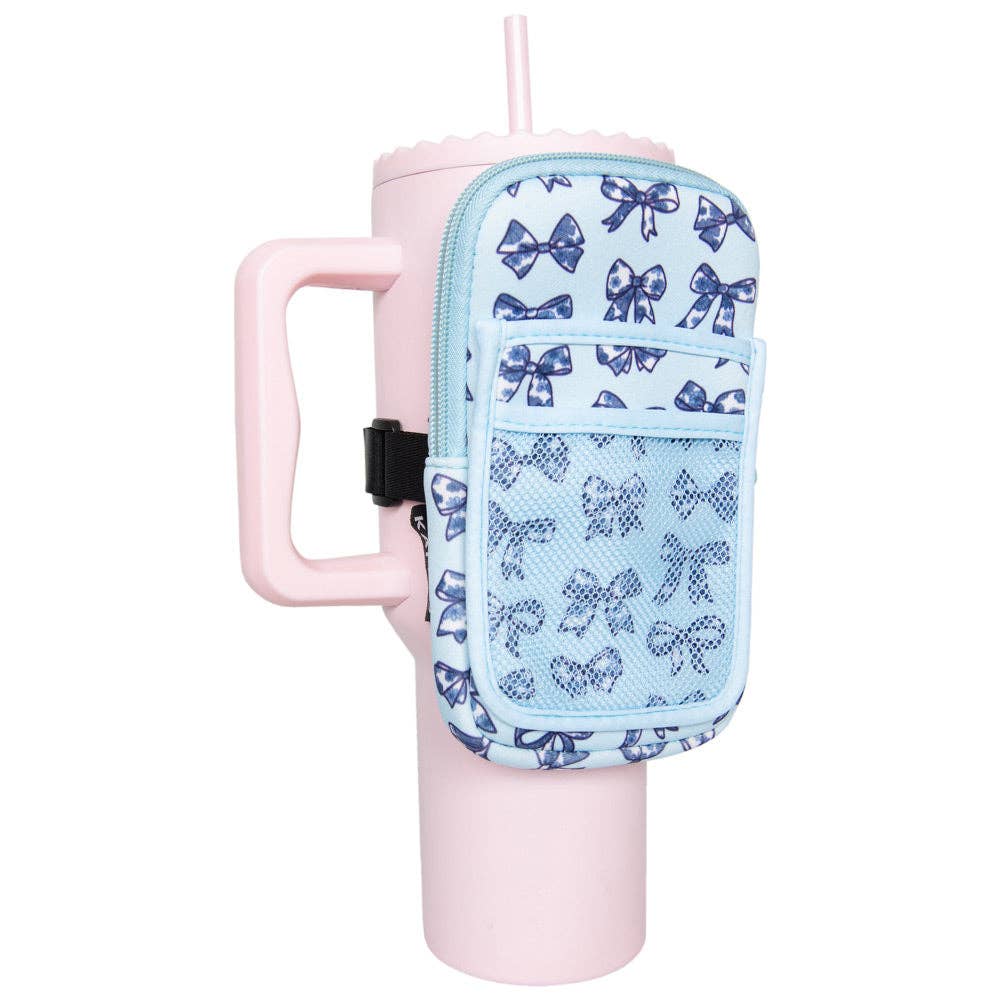 A neoprene pouch with floral bows design in blue color, attached to a tumbler, designed to hold cards or phones.